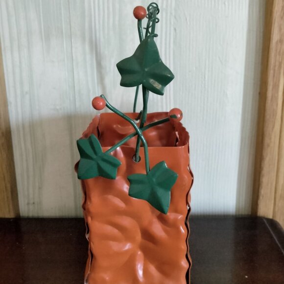 Metal Jack O Lantern Candle Holder Handle Leaf Accents Halloween Decor - Picture 2 of 8